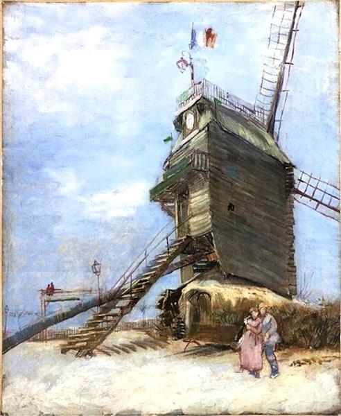 Painting of a windmill with people near it, under a blue sky. Le Moulin de the Galette 4 (1886) by Van Gogh — Museo Nacional de Bellas Artes