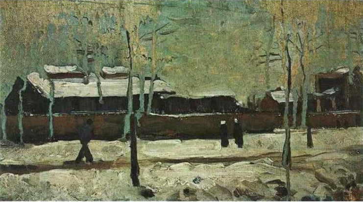Winter landscape with snow-covered houses and trees, painted in a stylized manner. The Old Station at Eindhoven (1885) by Van Gogh — Early Realism Railway Scene
