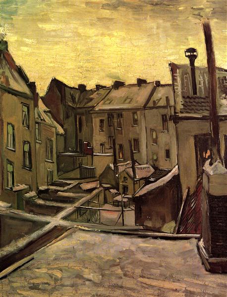 Painting of a cityscape with rooftops and buildings under a yellow sky. Backyards of Old Houses in Antwerp in the Snow (1885) by Van Gogh — Van Gogh Museum
