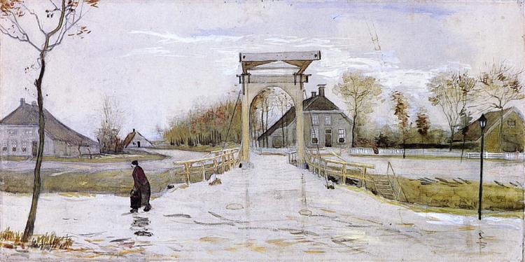 Winter scene with a suspension bridge over a frozen river, people skating and walking. Drawbridge in Nieuw-Amsterdam (1883) by Van Gogh — Groninger Museum