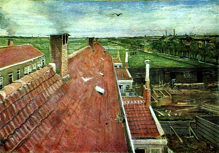 Painting of rooftops and a landscape with buildings and open fields. View from the Window of Vincent’s Studio in Winter (1883) — Van Gogh Early Work