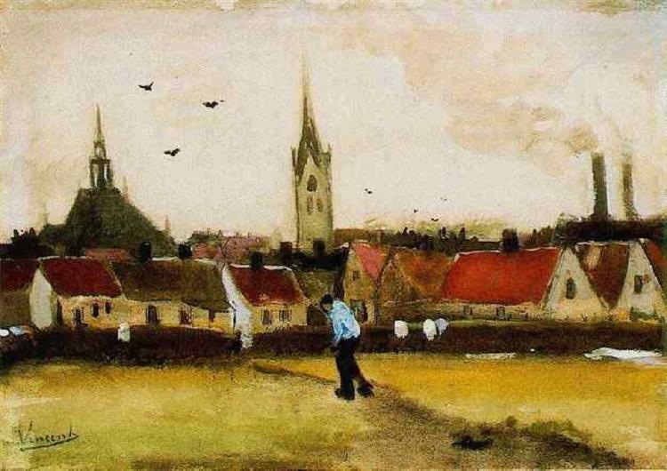 Painting of a village scene with red-roofed houses and a church spire, featuring a person walking on a path. View of the Hague with the New Church (1882) by Van Gogh — Early Hague Cityscape