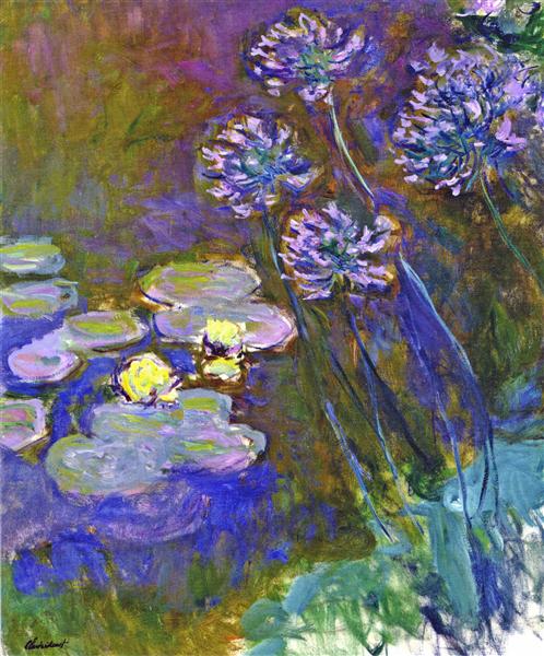 Discover Water Lilies and Agapanthus by Claude Monet, a vibrant Impressionist masterpiece recreated as a museum-quality oil painting reproduction.