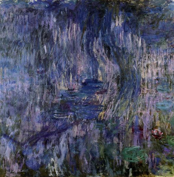 Artistic depiction of water lilies with a dark blue and purple color scheme.