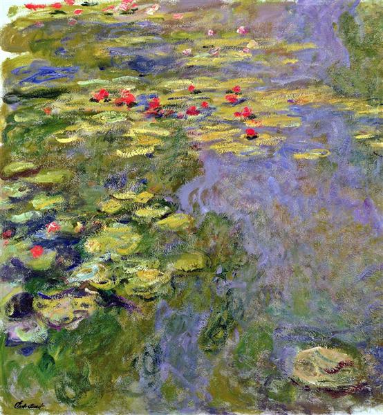 Painting of water lilies and reflections on a pond by Claude Monet.