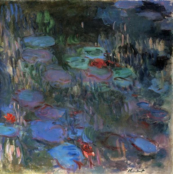 Painting of water lilies with a signature in the corner