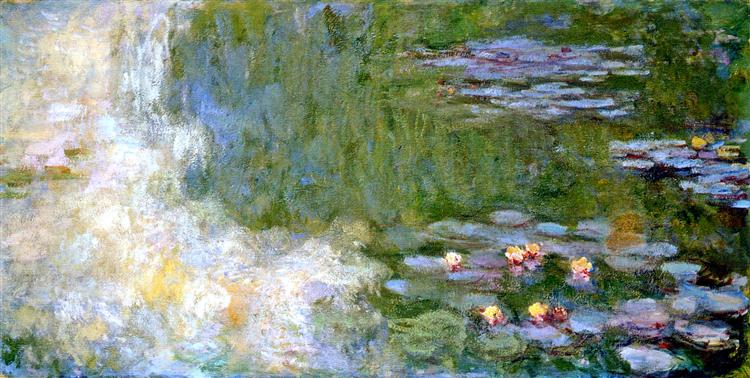 Painting of water lilies and a waterfall by Claude Monet