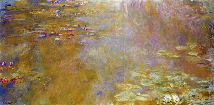 Painting of water lilies with a focus on gold and purple hues.