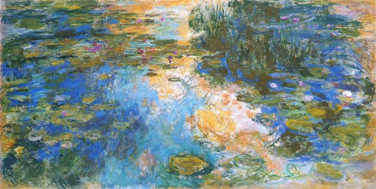 Painting of water lilies with a focus on blue and green hues.