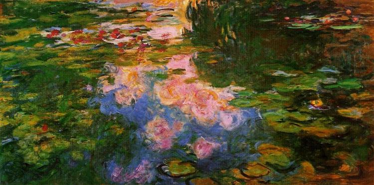 Painting of water lilies with a focus on pink and blue hues.