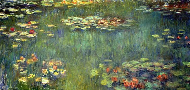 Painting of water lilies on a pond with a focus on green and blue tones.