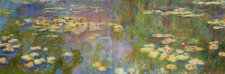 Painting of water lilies with a colorful landscape