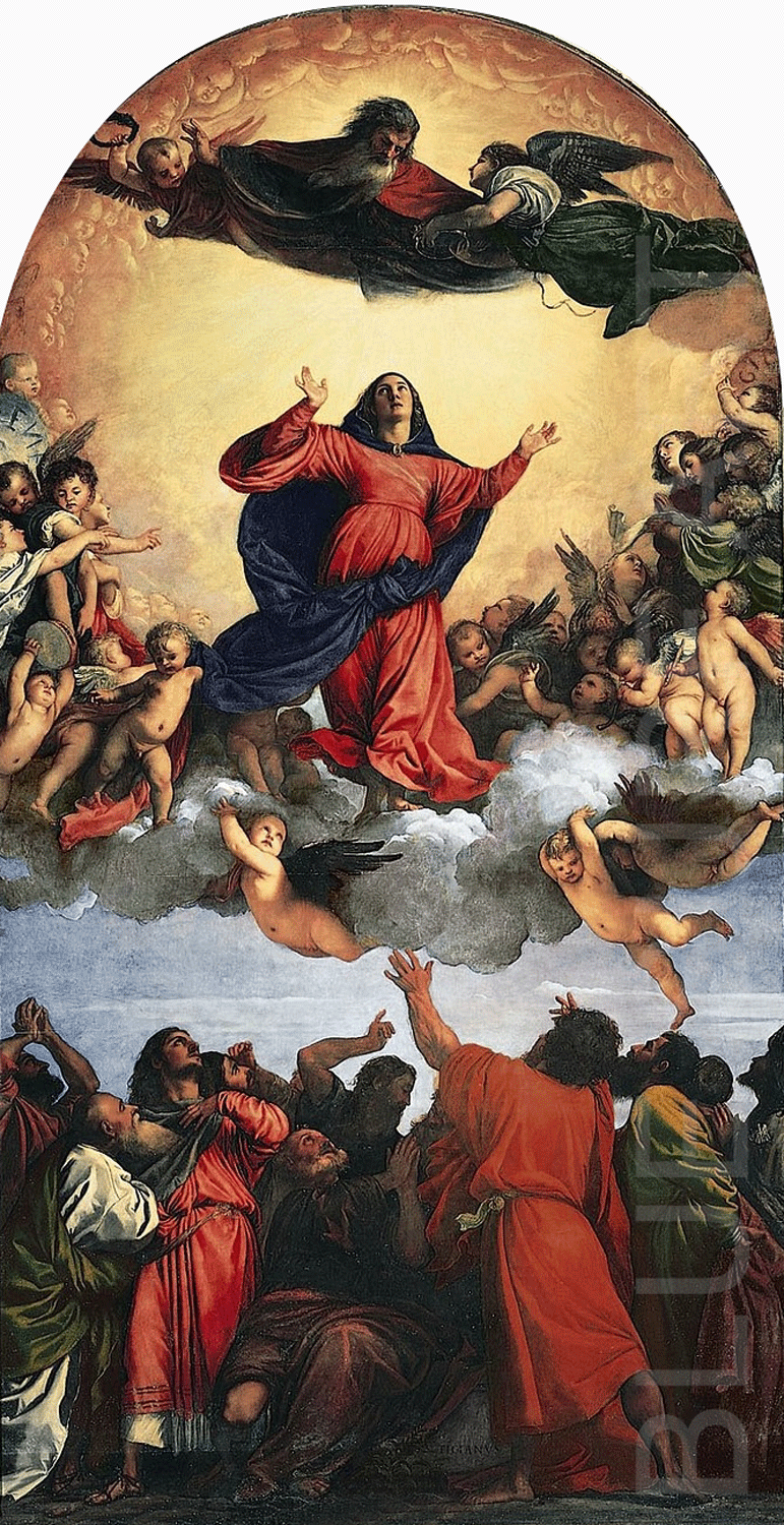 Painting of the Assumption of the Virgin Mary with angels and apostles. Assumption of the Virgin by Titian | 1516–1518 Renaissance Religious Painting