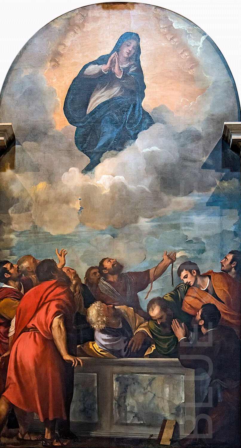 Painting of a religious scene with figures and a central figure in blue robes. Assumption of the Virgin by Titian | 1535 Verona Cathedral Masterpiece
