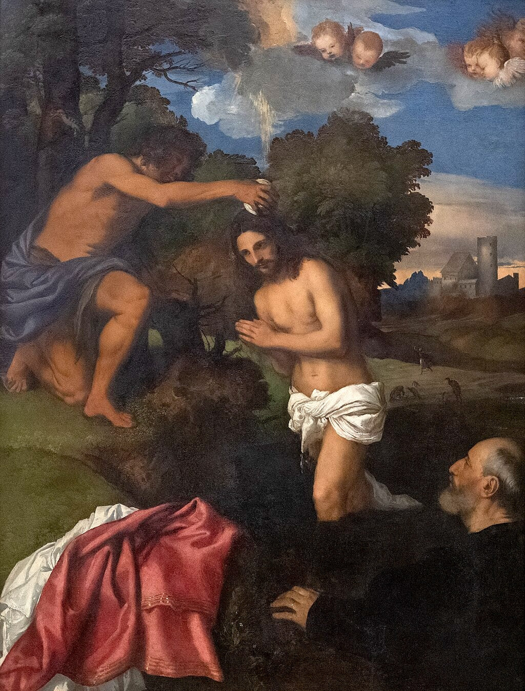 Painting of a classical scene with figures and a landscape. Baptism of Christ by Titian | 1512 Capitolini Museum Masterpiece