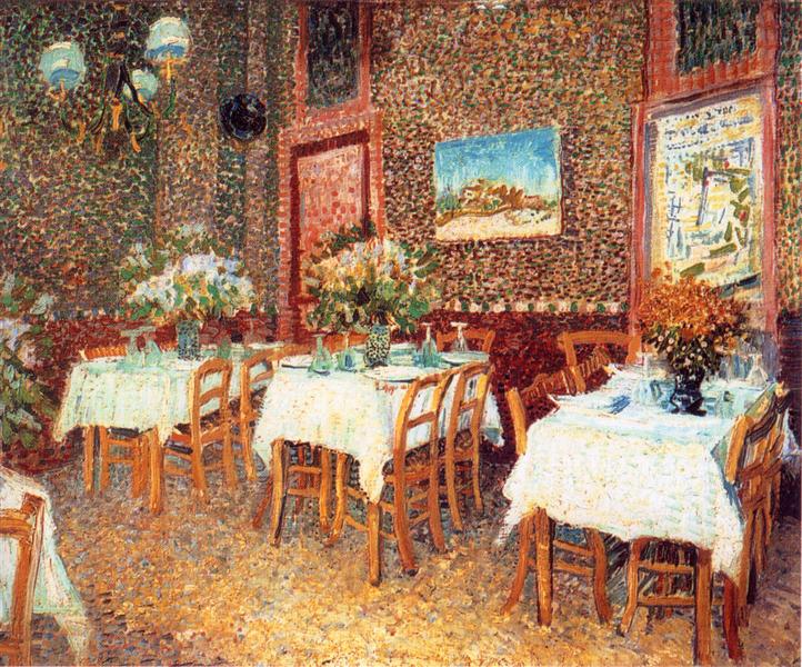 Dining room with tables, chairs, and floral arrangements in a mosaic-style painting. Interior of a Restaurant (1887) by Van Gogh — Kröller-Müller Museum