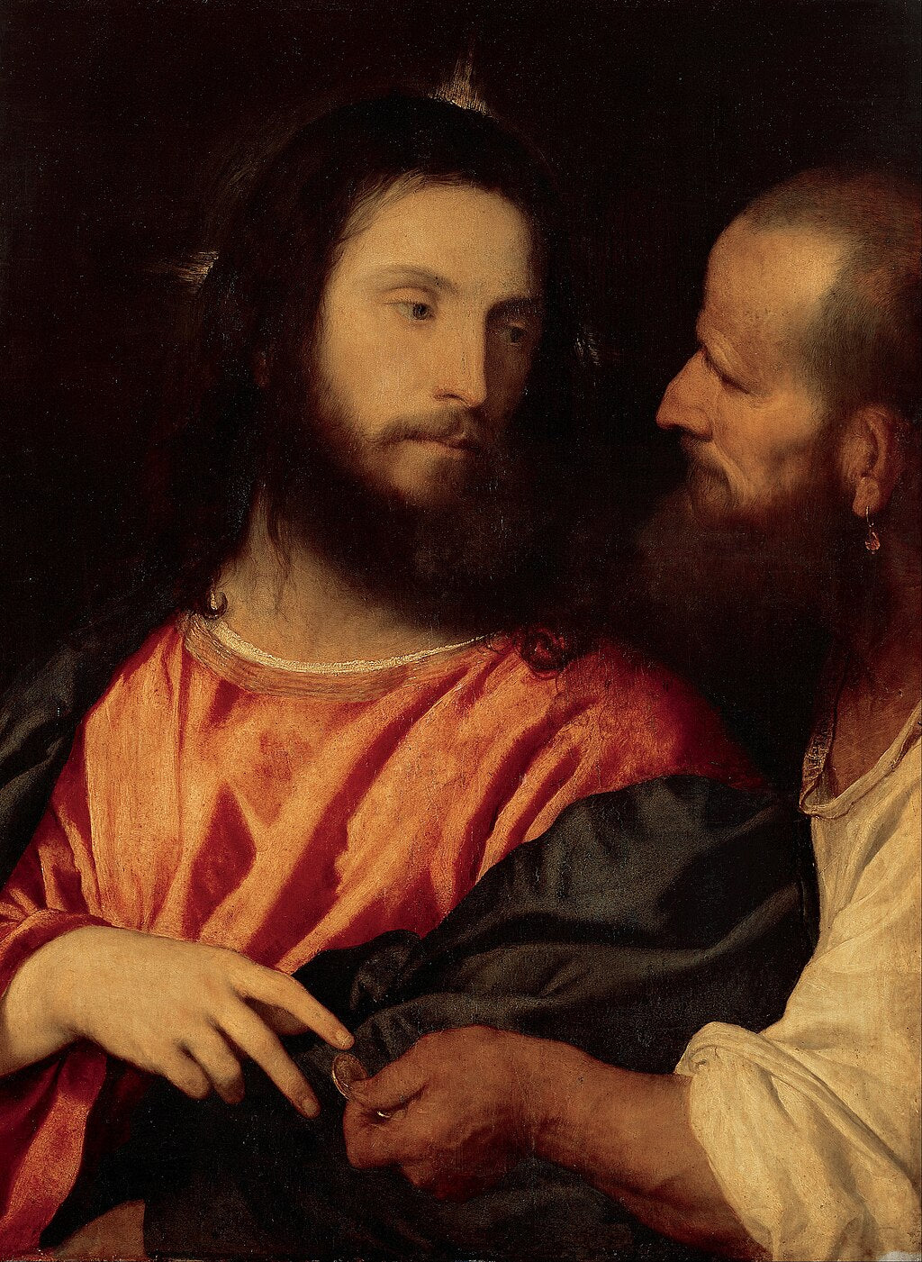 Two bearded men in robes, one in red and black, the other in white, in a close interaction. The Tribute Money by Titian | 1516 Gemäldegalerie Alte Meister
