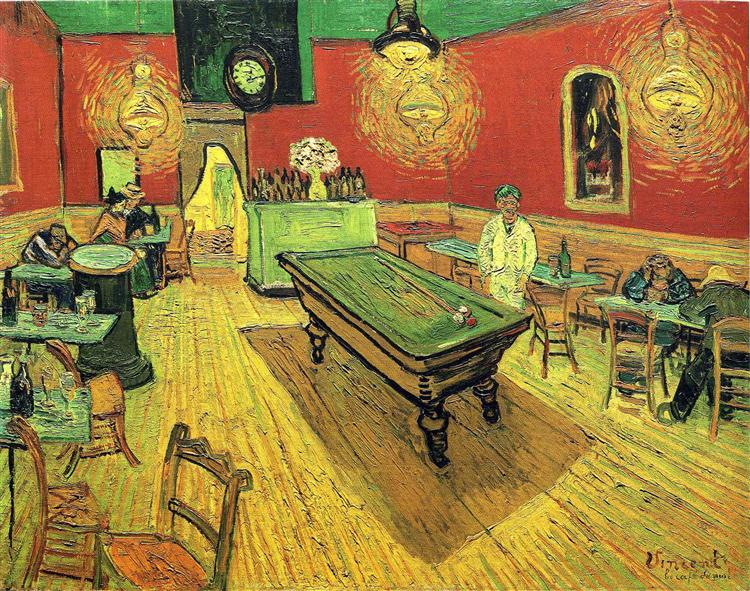 Artistic depiction of a café interior with a pool table, chairs, and patrons. The Night Café (1888) by Van Gogh — Yale University Art Gallery