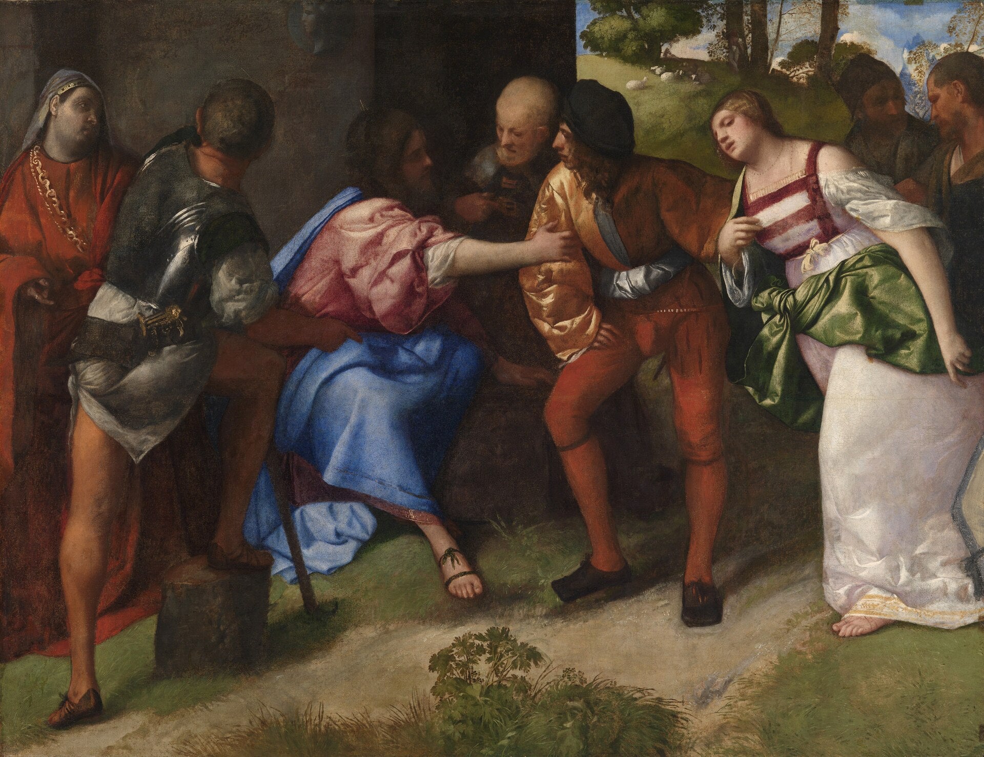 Historical painting of a scene with multiple figures in period attire. Christ and the Adulteress by Titian | Kelvingrove Art Gallery Glasgow