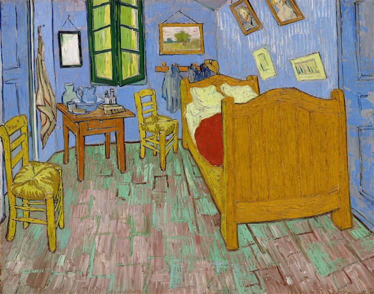Painting of a bedroom interior with a bed, desk, and chairs. Vincent’s Bedroom in Arles (1889) by Van Gogh — Art Institute of Chicago