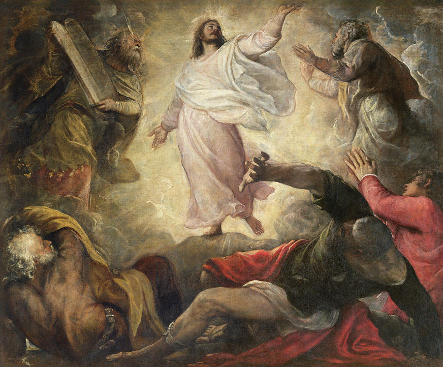 Painting of a religious scene with figures in robes and gestures, likely depicting a biblical event. Transfiguration by Titian (c. 1560) | San Salvador, Venice – Renaissance Masterpiece