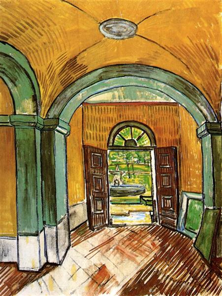 Artistic depiction of an interior with arches and open doors leading to a garden. The Entrance Hall of Saint-Paul Hospital (1889) by Van Gogh — Van Gogh Museum