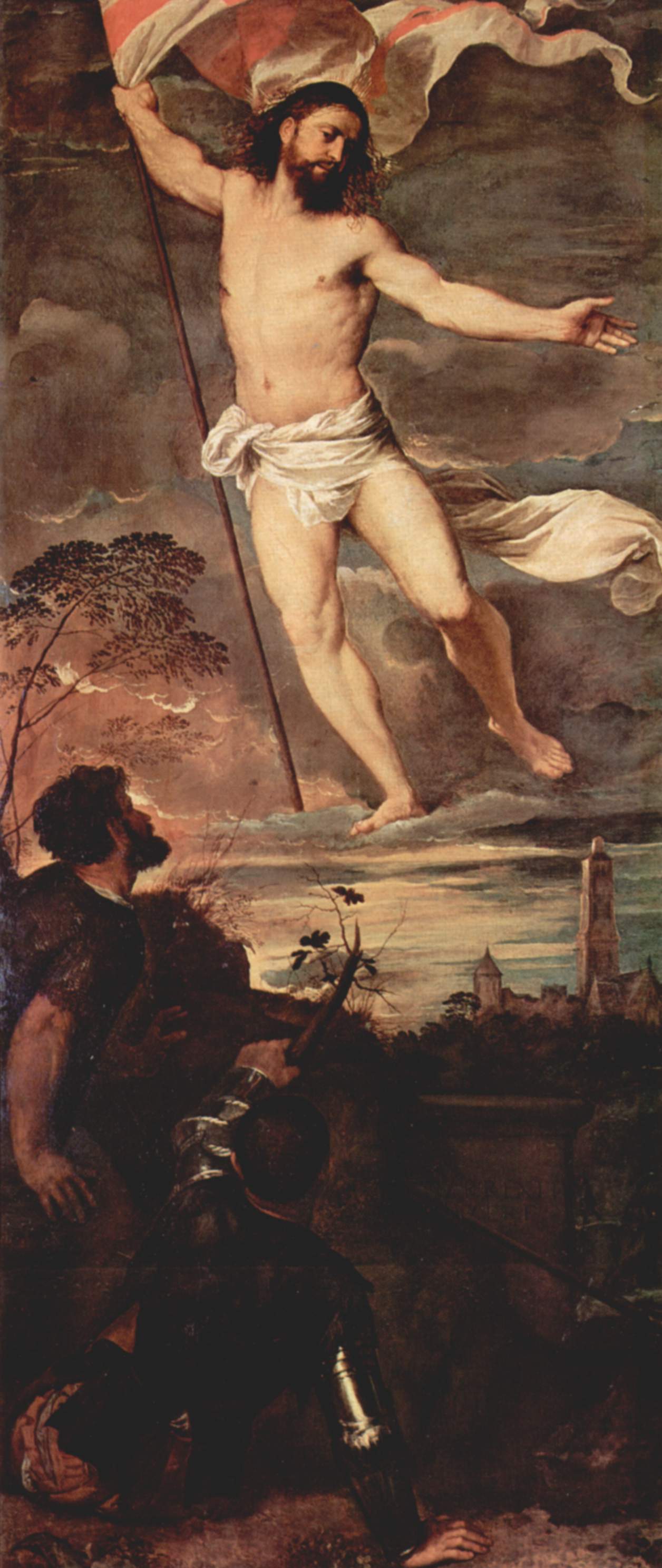 Painting of a bearded man in white loincloth with outstretched arms, surrounded by classical architecture and figures. Averoldi Polyptych by Titian – Renaissance Religious Oil Painting Reproduction