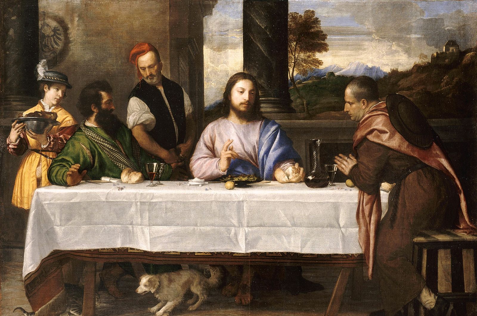 Painting of a religious scene with figures around a table, likely depicting a biblical event. Pilgrims at Emmaus by Titian | Renaissance Religious Painting