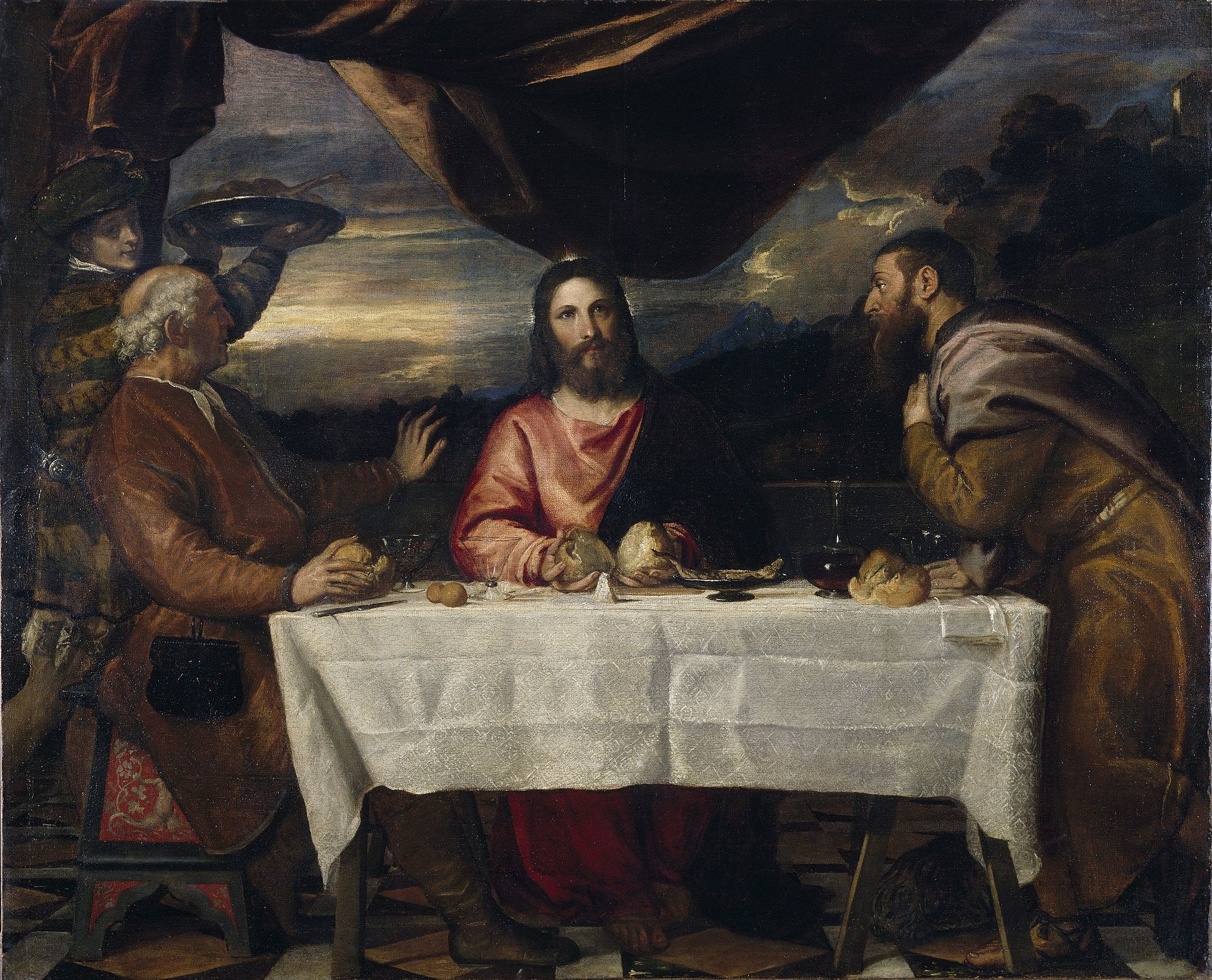 Painting of a religious scene with three figures around a table, likely from the Last Supper. The Supper at Emmaus by Titian | Renaissance Religious Painting.
