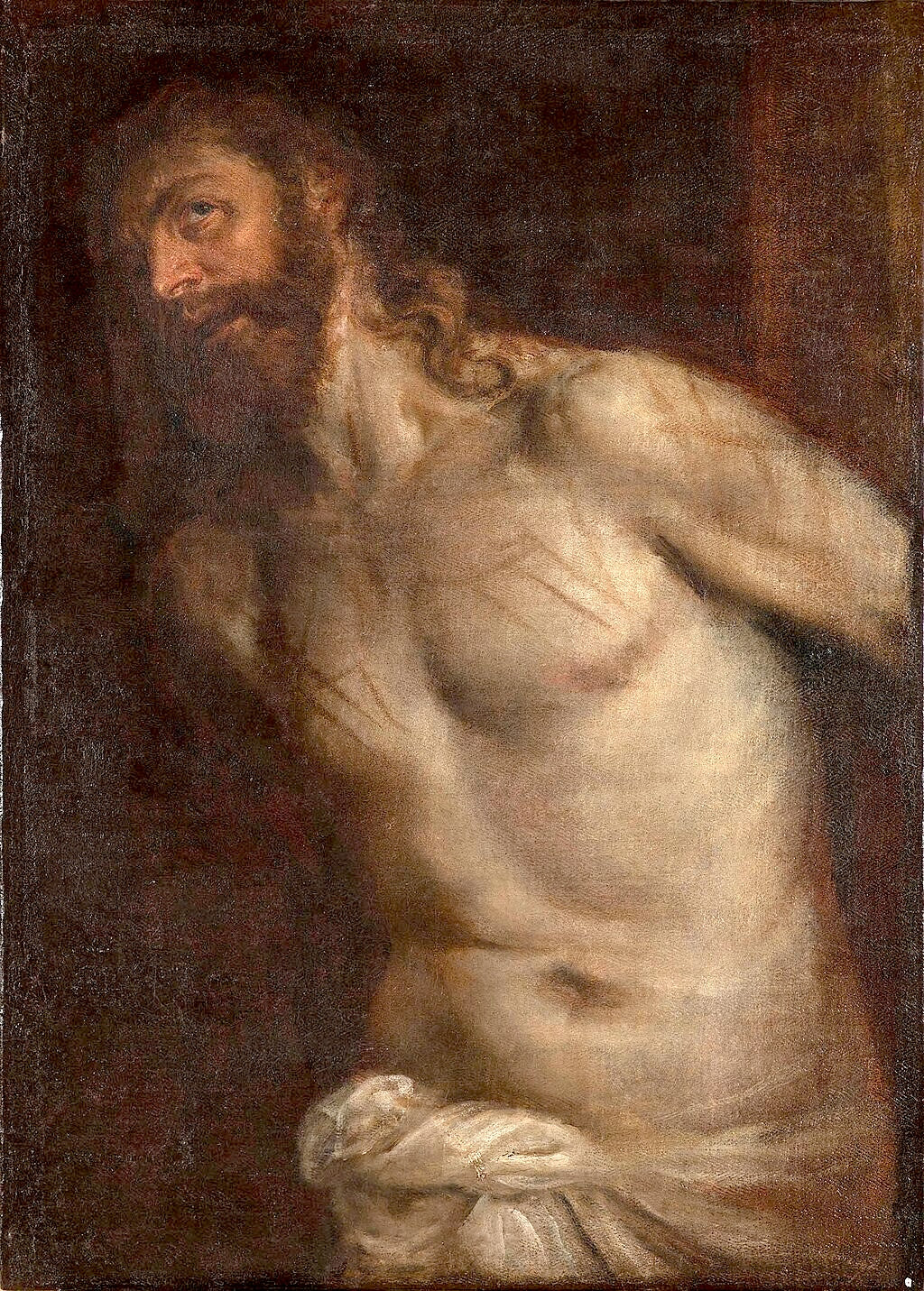 Painting of a bearded man with a draped cloth, dark background. The Scourging of Christ by Titian | Galleria Borghese Rome