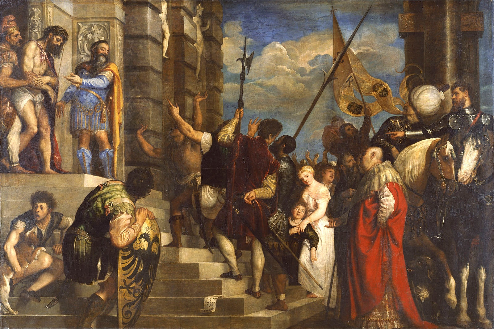 Historical painting of a dramatic scene with figures on steps, horses, and flags. Ecce Homo by Titian | Kunsthistorisches Museum Vienna