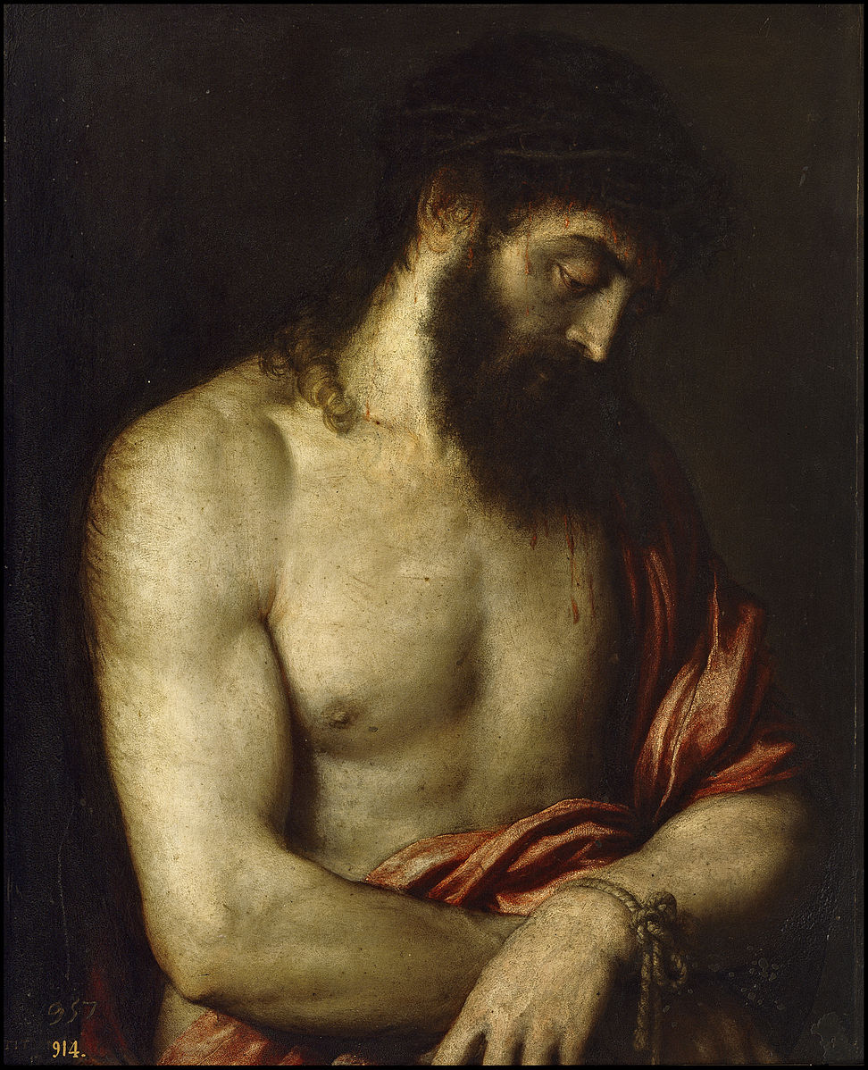 Artistic depiction of a bearded man with a red cloth draped over his shoulder, set against a dark background. Ecce Homo, 1547 by Titian | Museo del Prado Madrid
