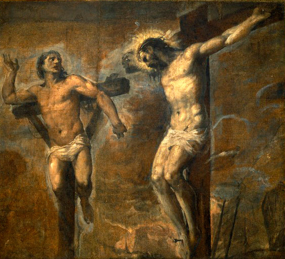Artistic depiction of a crucifixion scene with two figures on a cross against a dark background. Christ and the Good Thief by Titian | Pinacoteca Nazionale di Bologna