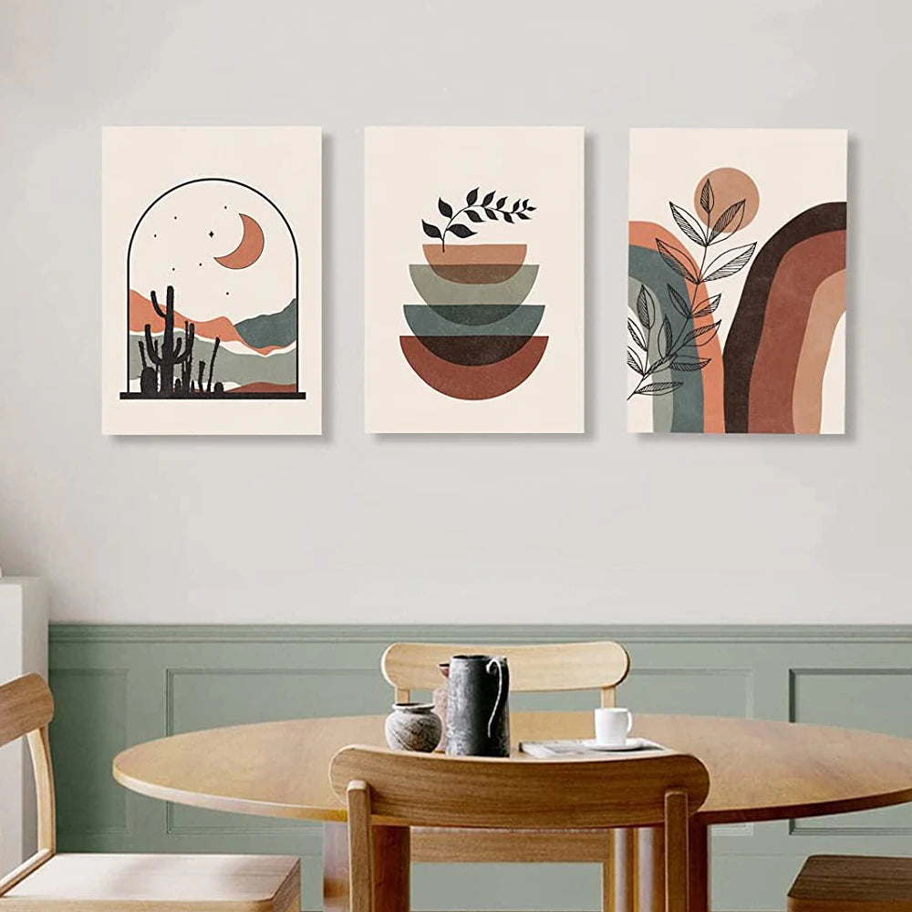 A Set of Abstract Painting Nordic Art Print 3 Pieces Green Brown Beige Color Art