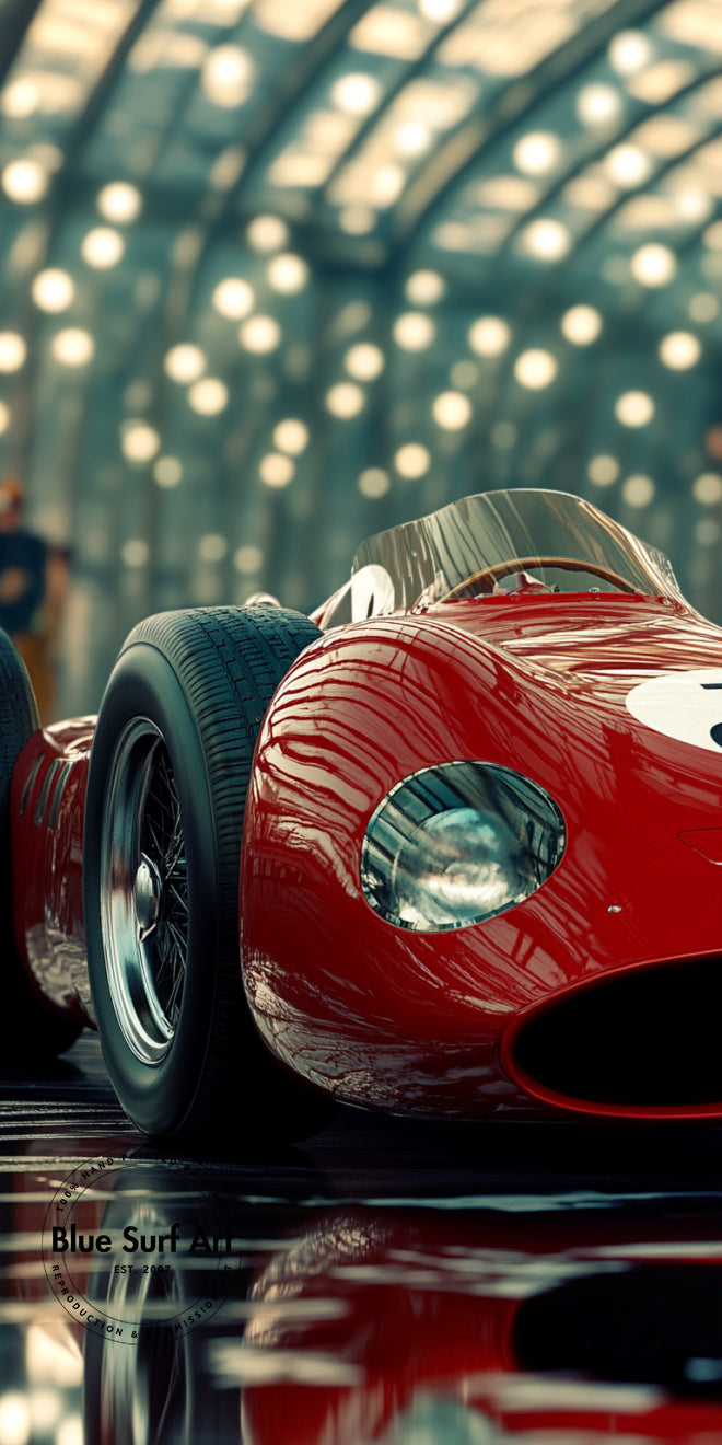 Elegant classic racing car pop art in rich red tones. A refined transportation artwork inspired by motorsport heritage and design.
