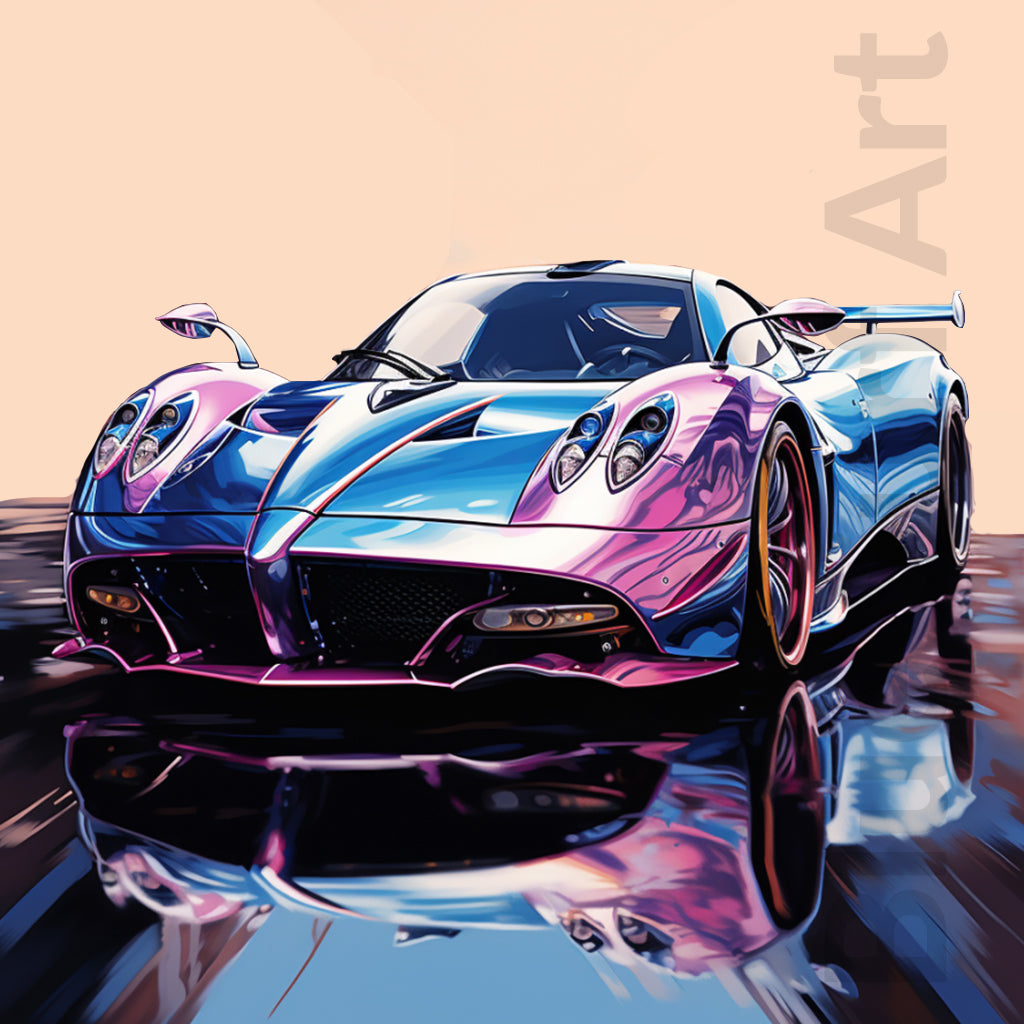 Stylized illustration of a futuristic sports car with a reflective surface.