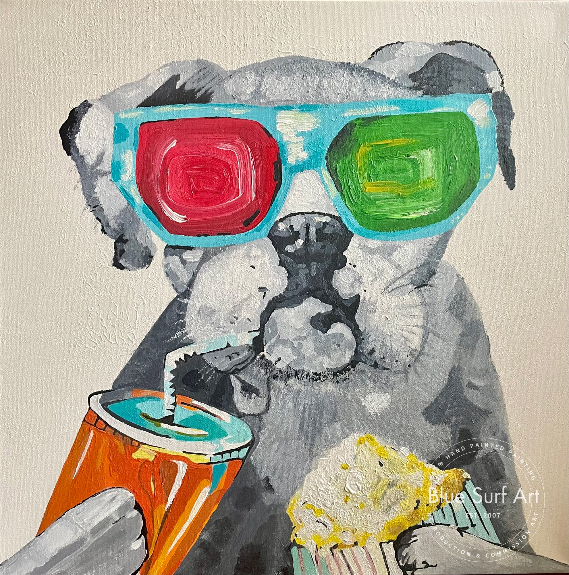 Painting of a pug wearing colorful sunglasses with a drink and snack on a beige background.