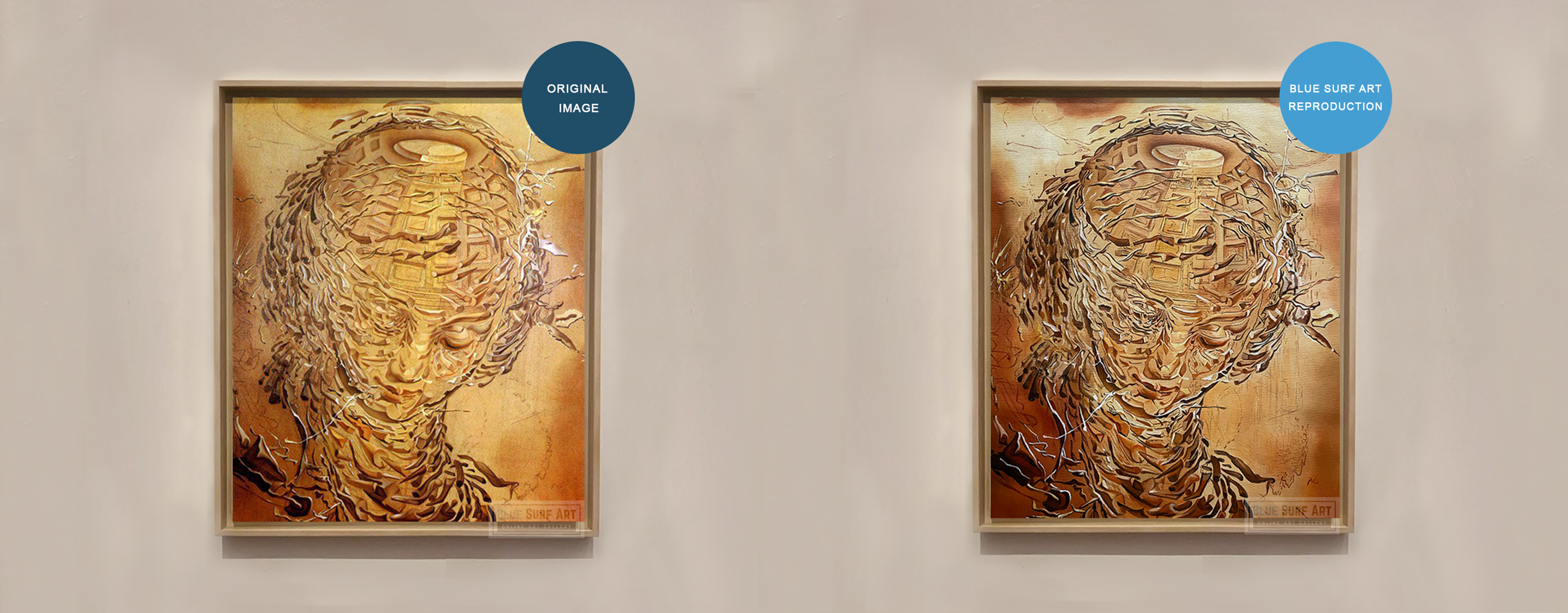 Compare between Raphaelesque Head Exploding Salvador Dali and reproduction by Blue Surf Art
