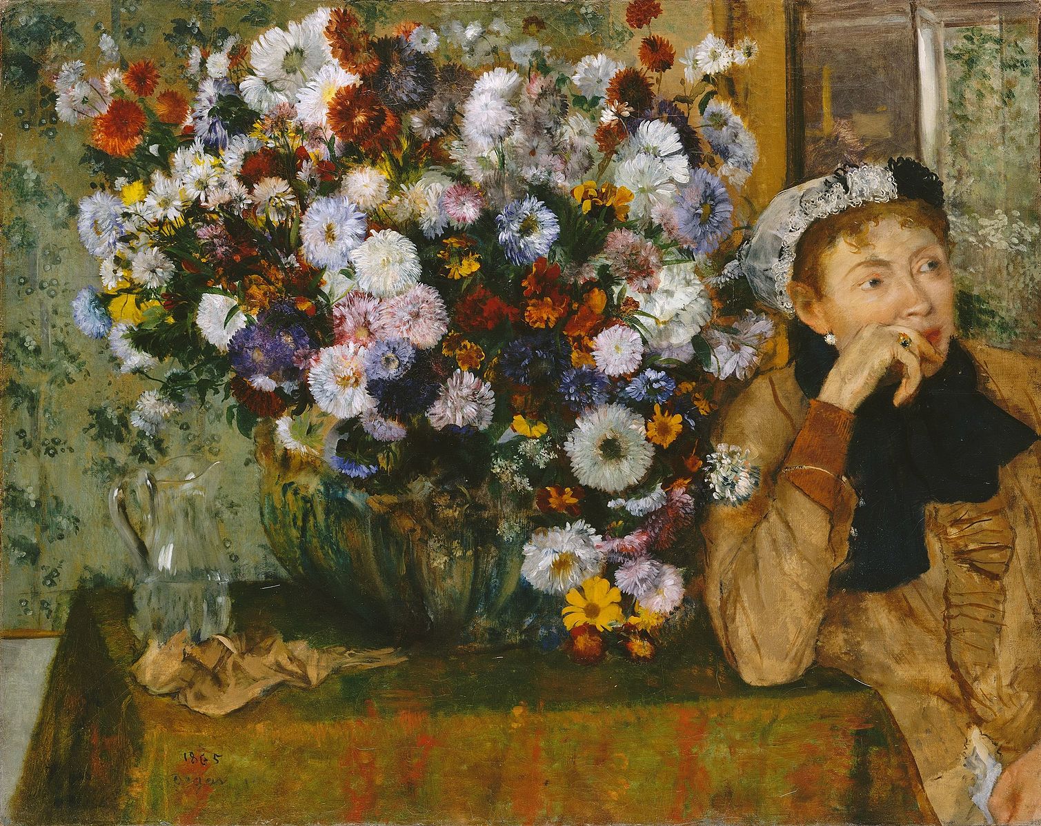 Woman Seated beside a Vase of Flowers, 1865 by Edgar Degas Reproduction Wall Art Oil Painting - Blue Surf Art .com