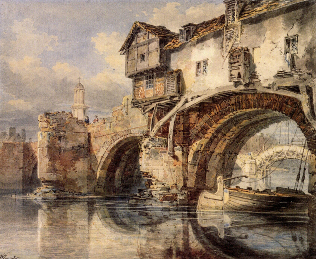 Welsh Bridge at Shrewsbury by J. M. W. Turner. Turner artworks, Turner canvas art, J. M. W. Turner oil painting, Turner reproduction for sale. Landscape paintings, Turner art decor, Turner oil painting on canvas, Blue Surf Art