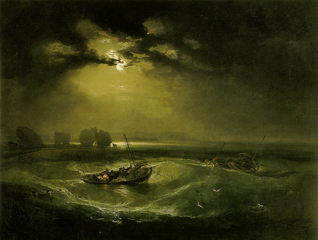 Fishermen at Sea by J. M. W. Turner. Turner artworks, Turner canvas art, J. M. W. Turner oil painting, Turner reproduction for sale. Landscape paintings, Turner art decor, Turner oil painting on canvas, Blue Surf Art