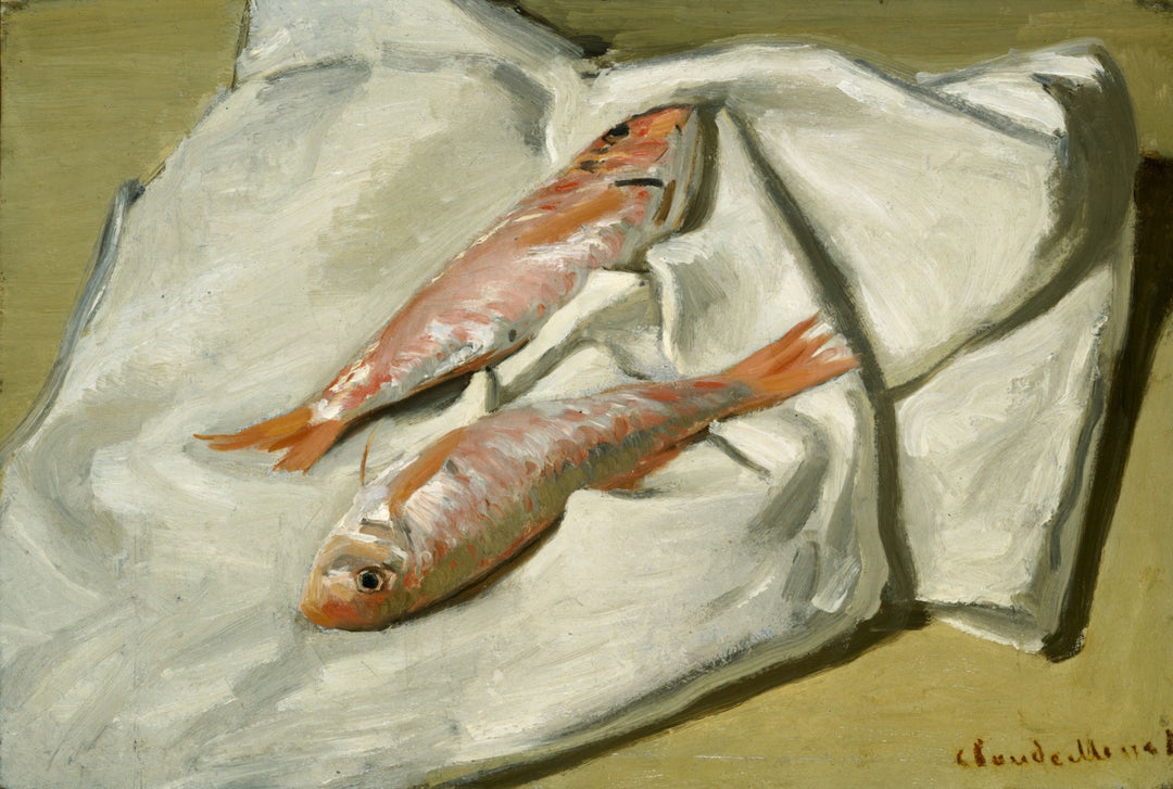 Red Mullets by Claude Monet. Reproduction, Wall Art, animal painting, fish art, blue surf art