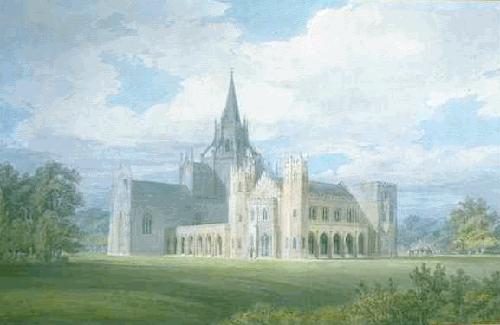 Perspective View of Fonthill Abbey from the South West by J. M. W. Turner. Turner artworks, Turner canvas art, J. M. W. Turner oil painting, Turner reproduction for sale. Landscape paintings, Turner art decor, Turner oil painting on canvas, Blue Surf Art