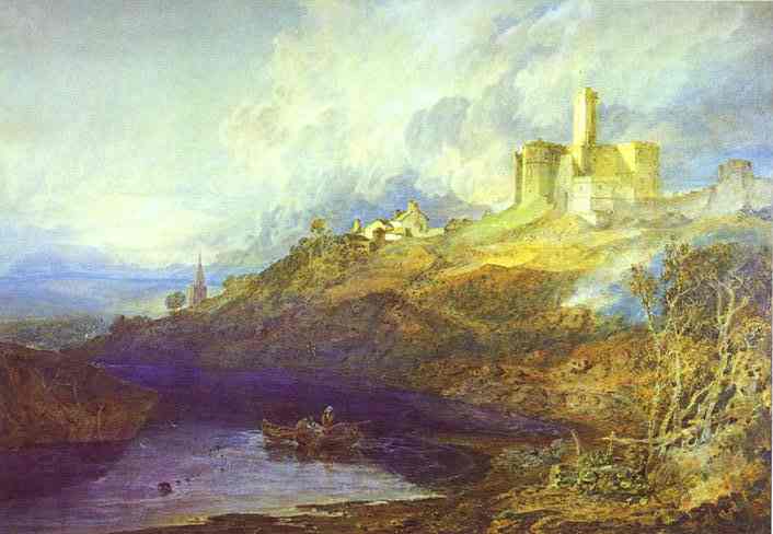 Warkworth Castle, Northumberland; Thunderstorm Approaching at Sunset by J. M. W. Turner. Turner artworks, Turner canvas art, J. M. W. Turner oil painting, Turner reproduction for sale. Landscape paintings, Turner art decor, Turner oil painting on canvas, Blue Surf Art