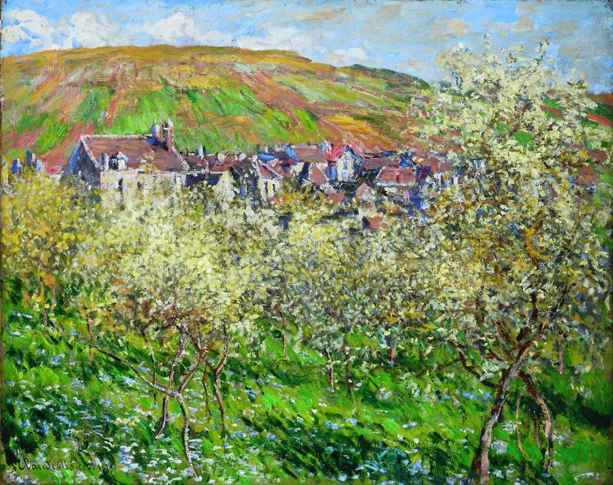 Plum Trees in Blossom at Vetheuil by Claude Monet. Blue Surf Art