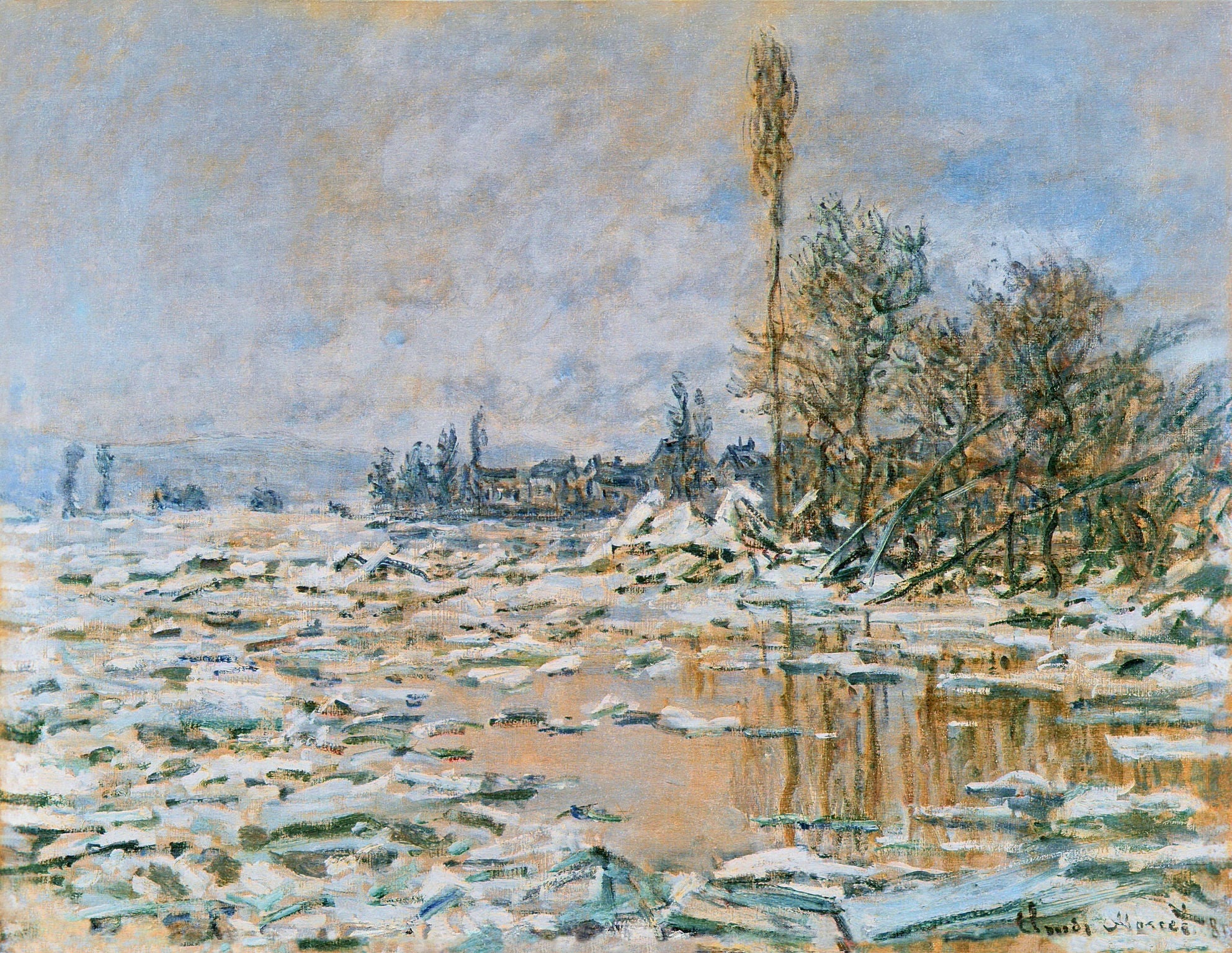 Breakup of Ice, Lavacourt, Grey Weather by Claude Monet. Claude Monet artworks, monet canvas art, monet oil painting, monet reproduction for sale. Monet art decor, monet oil painting on canvas, Blue Surf Art