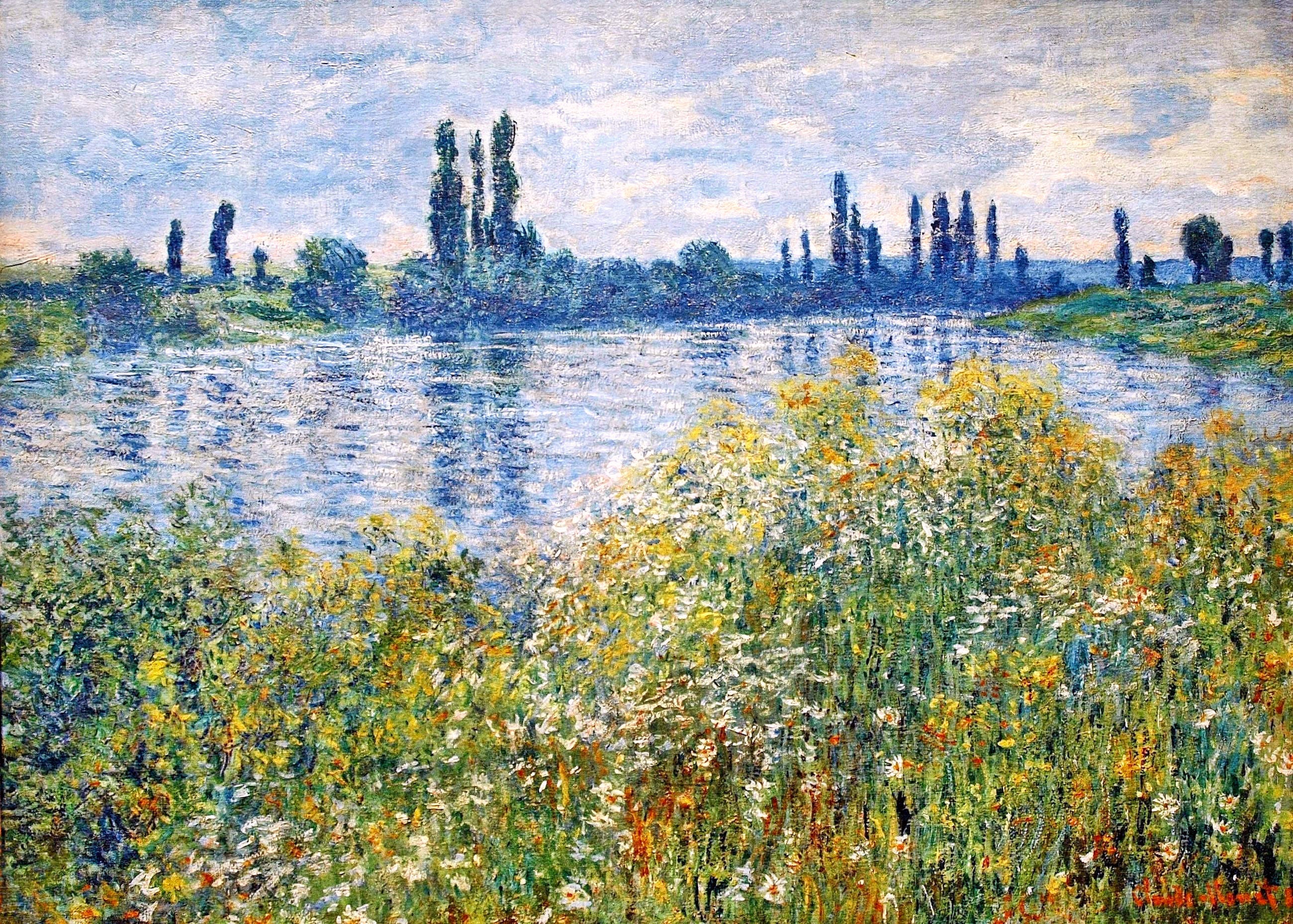 Flowers on the Banks of Seine near Vetheuil by Claude Monet. Claude Monet artworks, monet canvas art, monet oil painting, monet reproduction for sale. Monet art decor, monet oil painting on canvas, Blue Surf Art