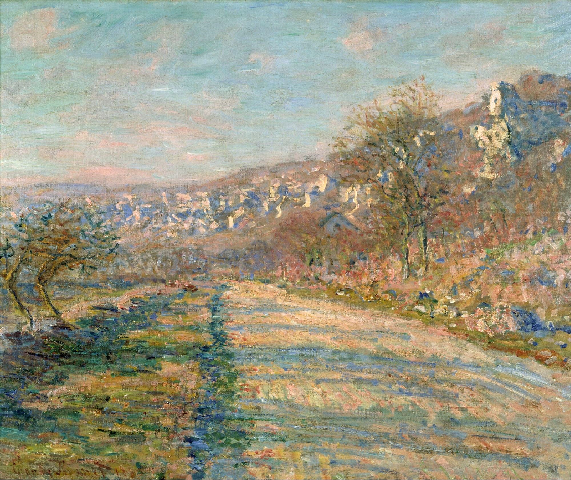 Road of La Roche-Guyon, 1880 by Claude Monet. Claude Monet artworks, monet canvas art, monet oil painting, monet reproduction for sale. Landscape paintings, Monet art decor, monet oil painting on canvas, Blue Surf Art