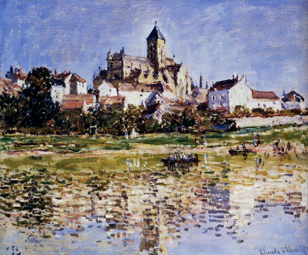he Church At Vetheuil, 1880 by Claude Monet. Claude Monet artworks, monet canvas art, monet oil painting, monet reproduction for sale. Landscape paintings, Monet art decor, monet oil painting on canvas, Blue Surf Art