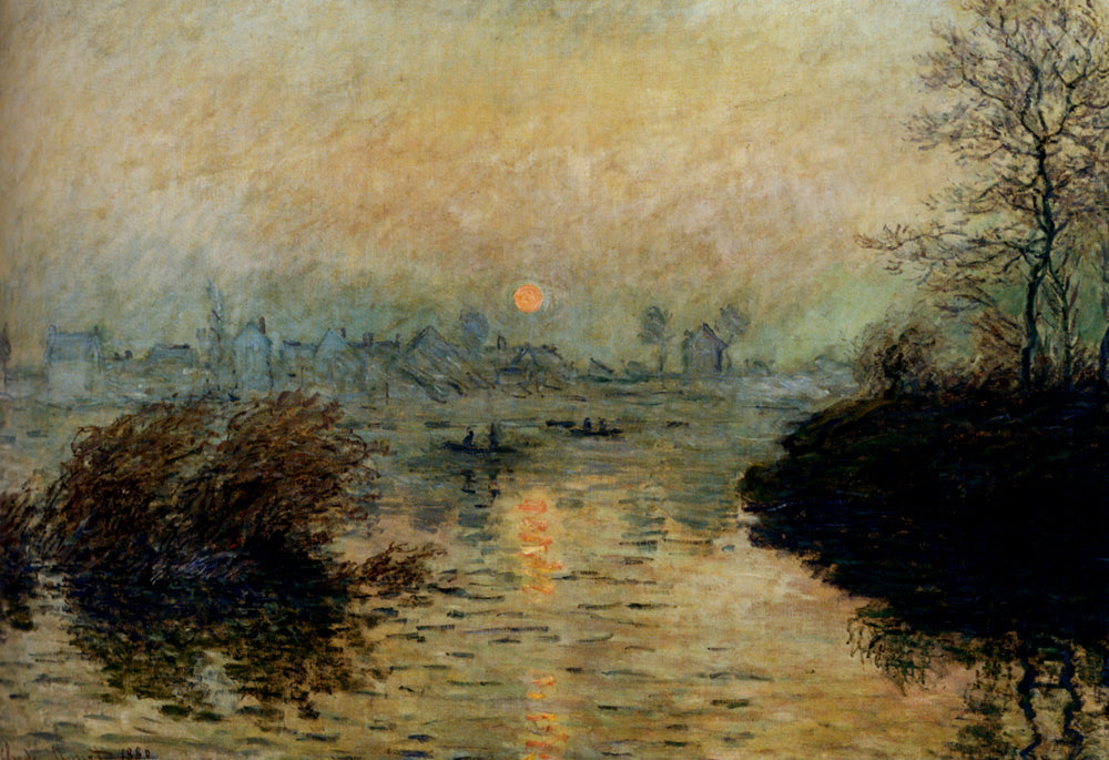 Sun Setting over the Seine at Lavacourt. Winter Effect, 1880 by Claude Monet. Claude Monet artworks, monet canvas art, monet oil painting, monet reproduction for sale. Landscape paintings, Monet art decor, monet oil painting on canvas, Blue Surf Art